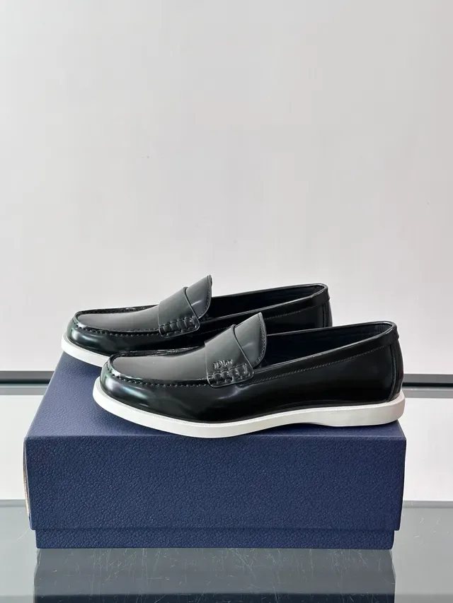 Dior Penny Loafer Black White Glossy Patent Leather Strap Loafer 5