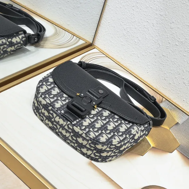 Dior Saddle Gray Black Monogram Canvas Pebbled Leather Flap Saddle Bag 5