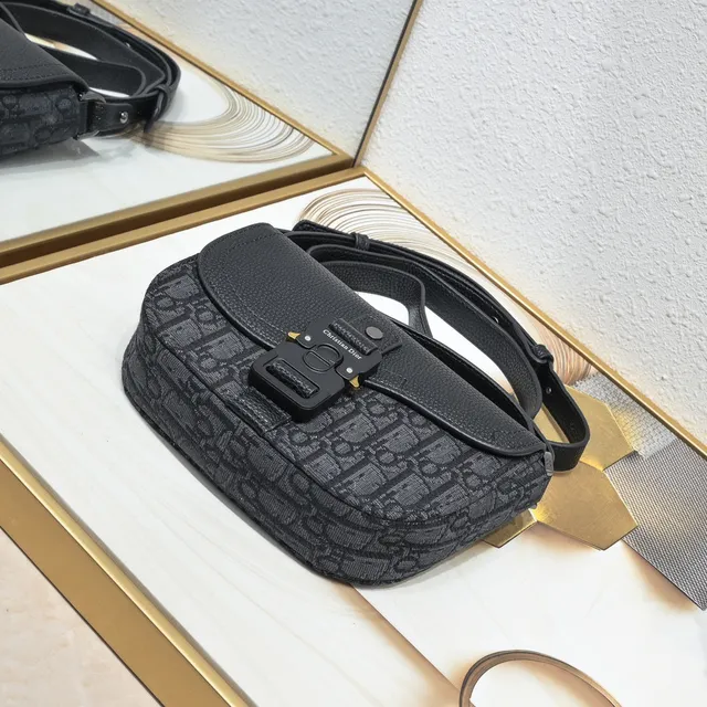 Dior Saddle Gray Black Monogram Canvas Pebbled Leather Flap Saddle Bag 14
