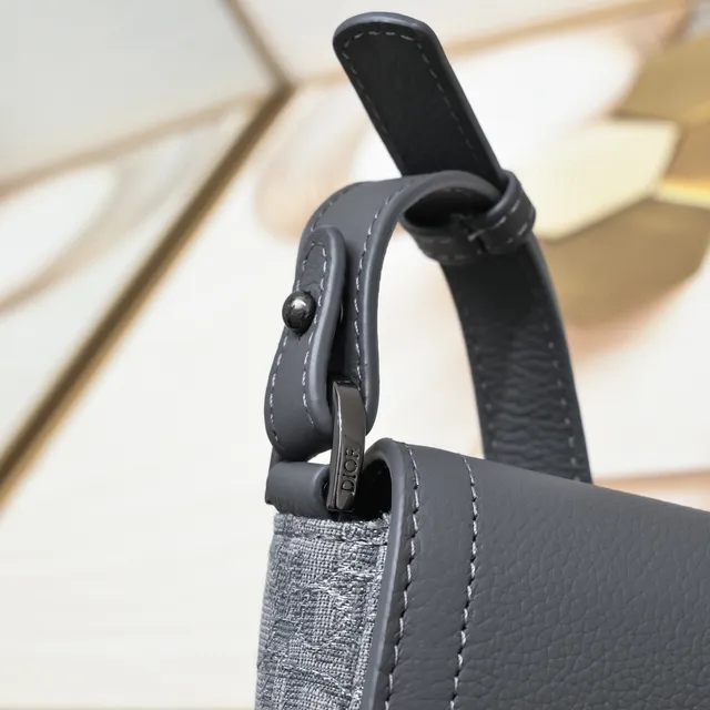 Dior Saddle Gray Black Monogram Canvas Pebbled Leather Flap Saddle Bag 24