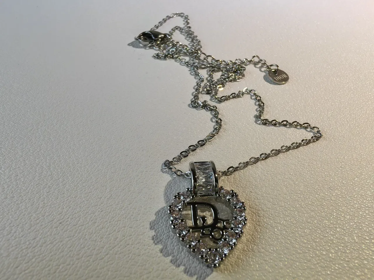 Dior Silver Heart-Shaped Pendant Crystal-Encrusted Border Necklace 2