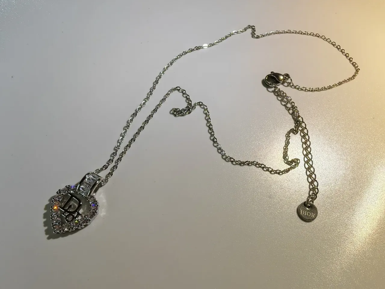 Dior Silver Heart-Shaped Pendant Crystal-Encrusted Border Necklace 5