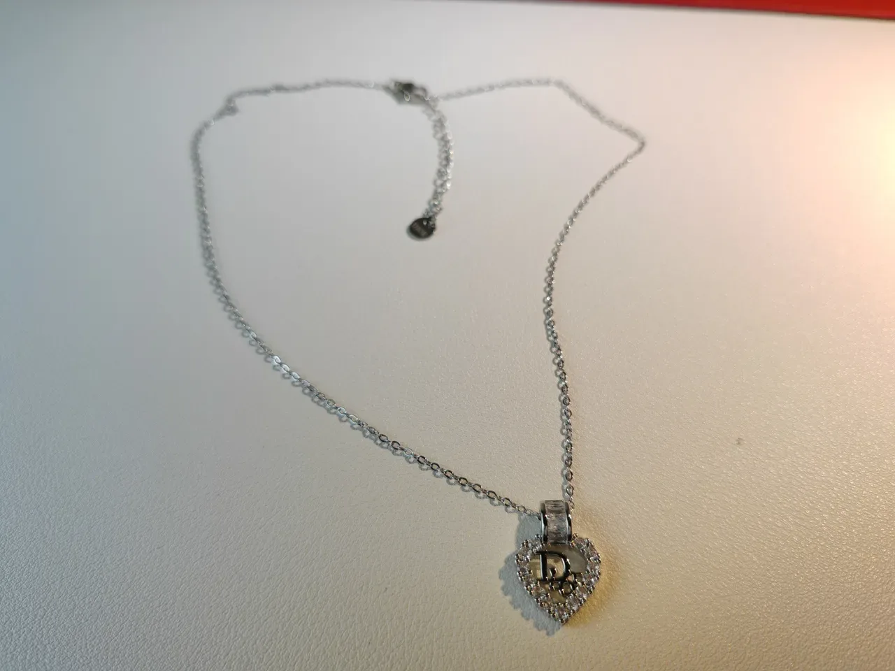 Dior Silver Heart-Shaped Pendant Crystal-Encrusted Border Necklace 6