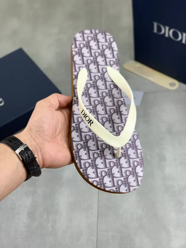 Dior Slide Gray Black Monogrammed Sole Thong Strap Slippers 4