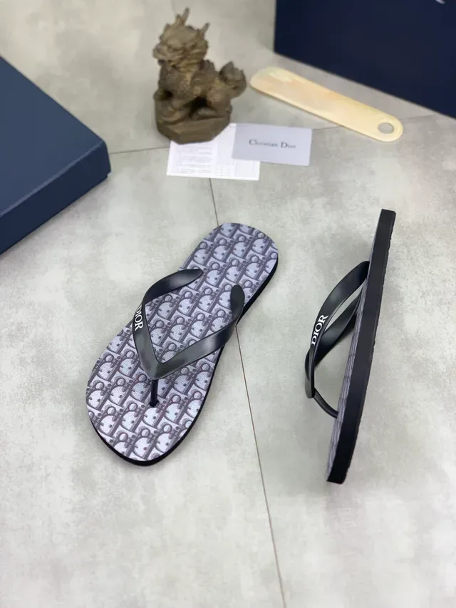 Dior Slide Gray Black Monogrammed Sole Thong Strap Slippers 6