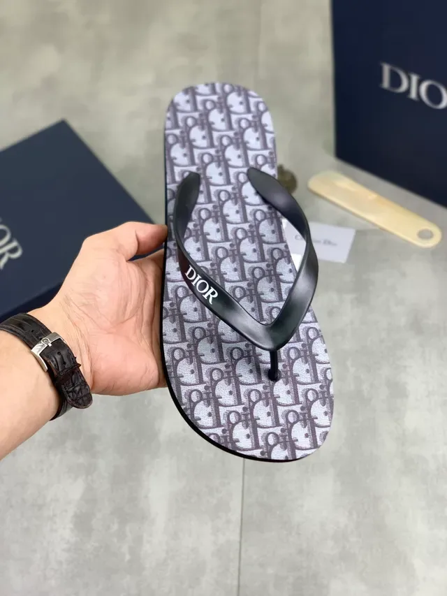 Dior Slide Gray Black Monogrammed Sole Thong Strap Slippers 7