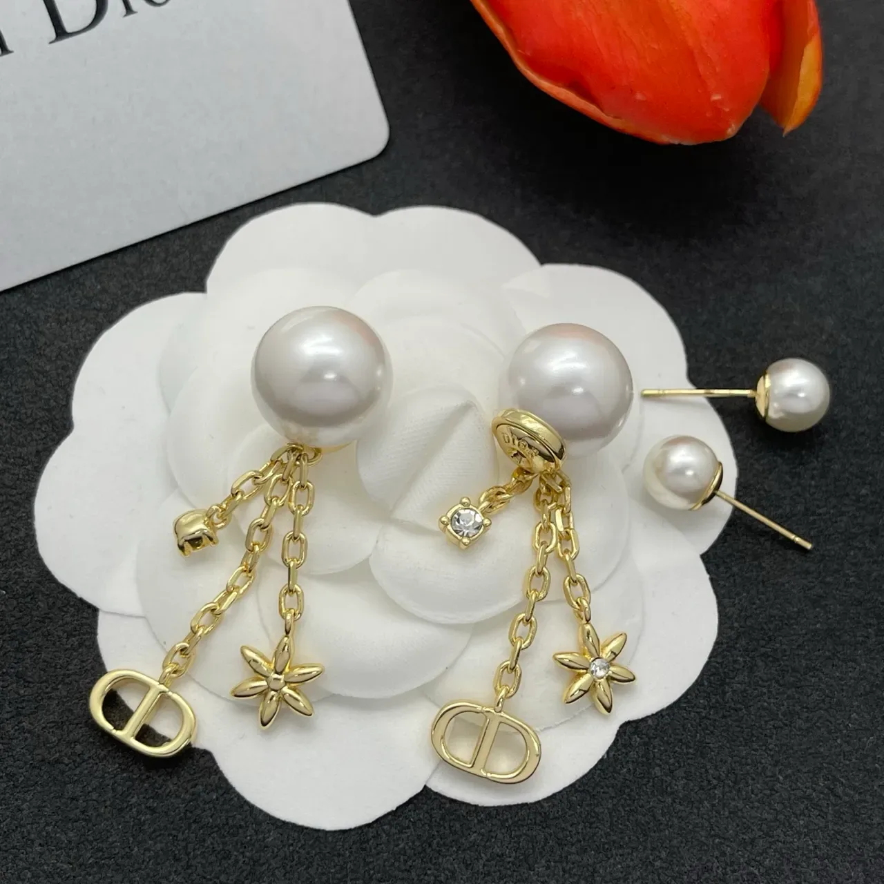 Dior Tribales Pearl and Gold-Tone D-Logo Triple-Drop Earrings 4