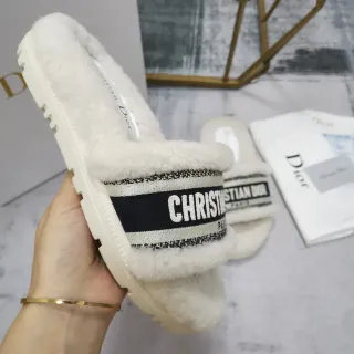 Dior White Black Fluffy Shearling-Lined Chunky Ridged Sole Slippers