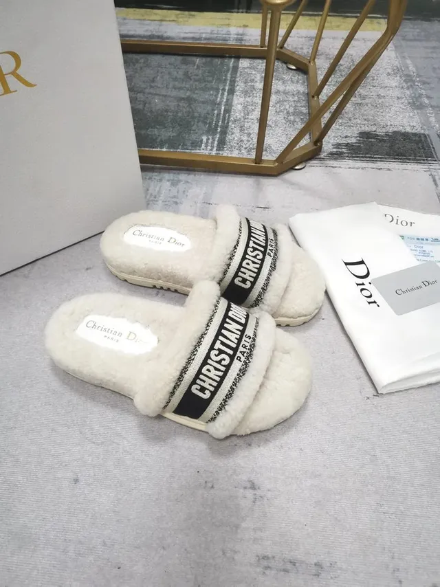 Dior White Black Fluffy Shearling-Lined Chunky Ridged Sole Slippers 2