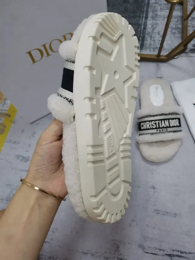 Dior White Black Fluffy Shearling-Lined Chunky Ridged Sole Slippers 3