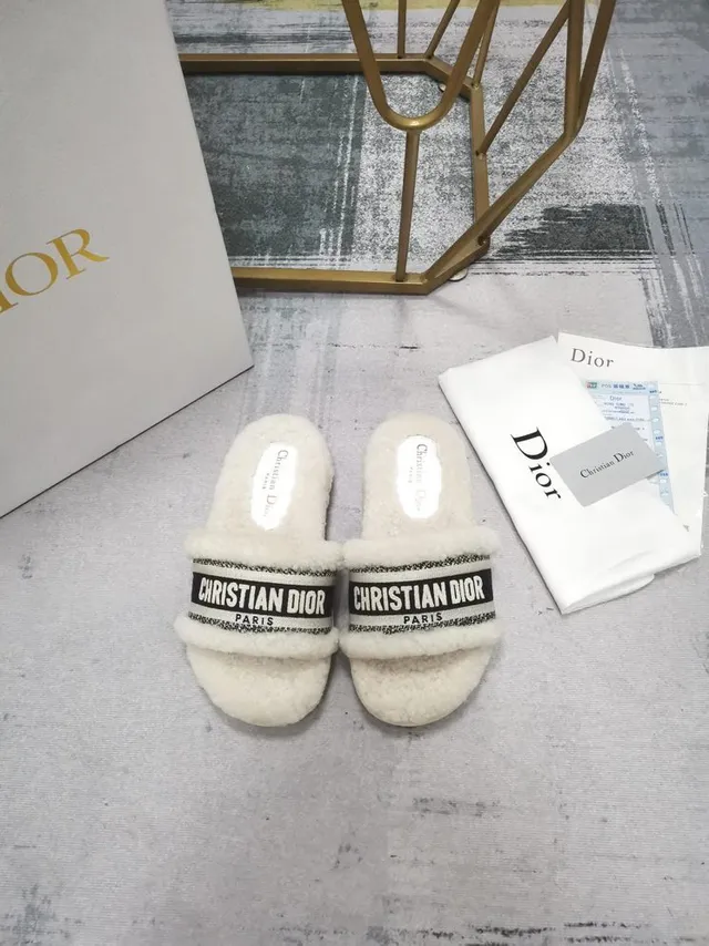 Dior White Black Fluffy Shearling-Lined Chunky Ridged Sole Slippers 5