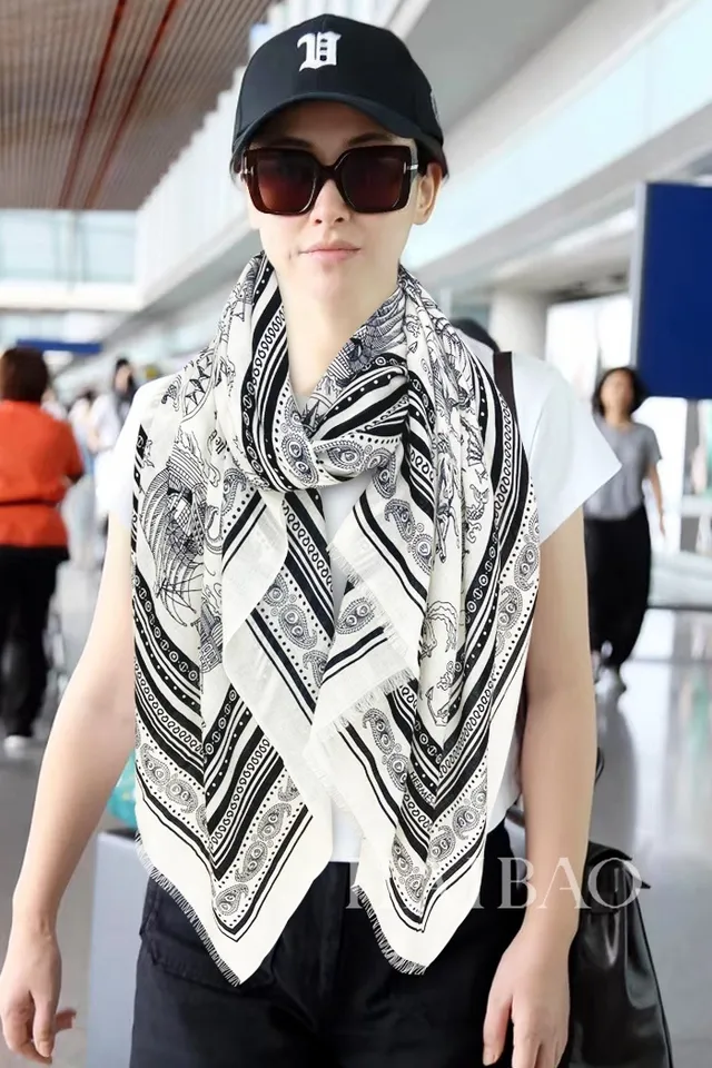 Dior White Black Nautical Illustration Print Contrast Silk Scarf 2