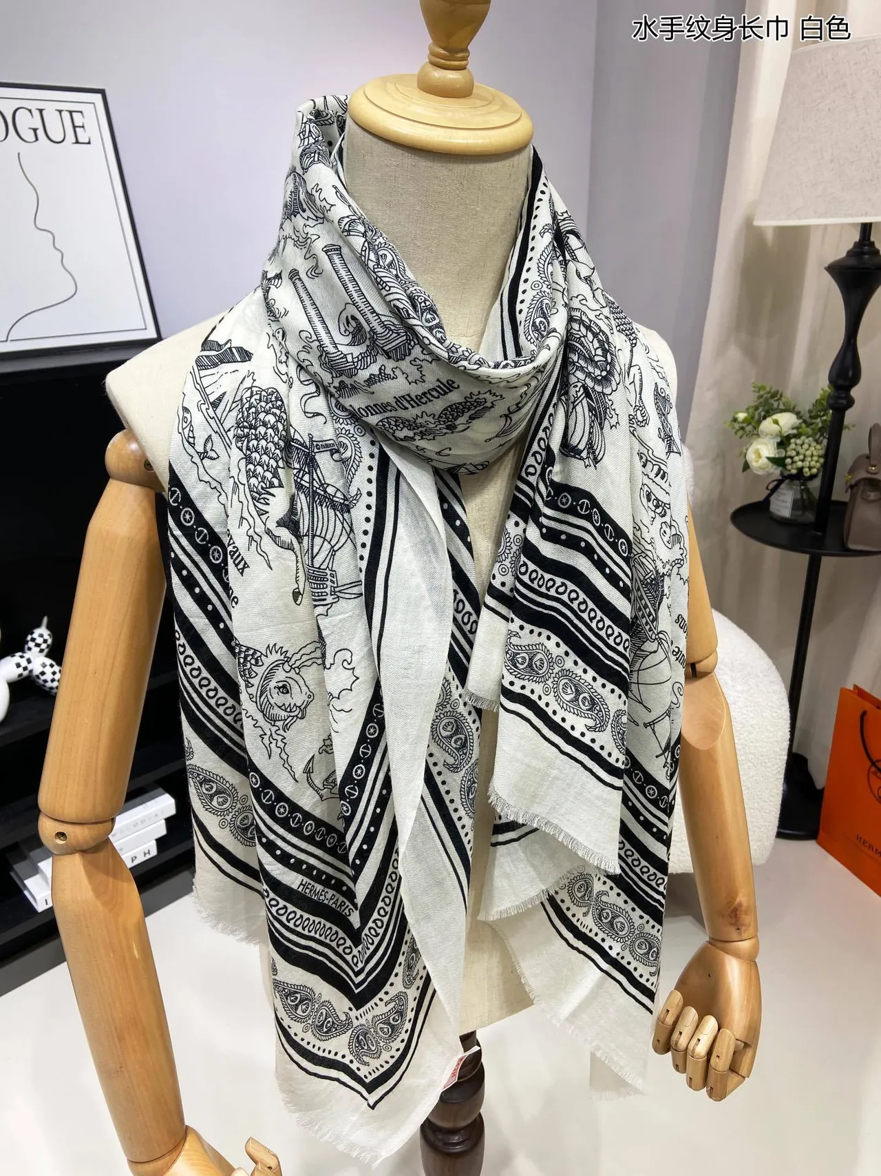 Dior White Black Nautical Illustration Print Contrast Silk Scarf 6
