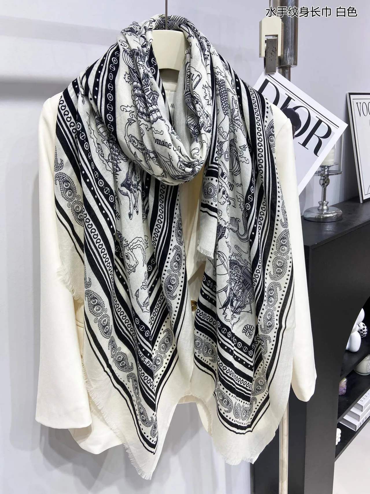 Dior White Black Nautical Illustration Print Contrast Silk Scarf 8