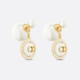 Boucles d'oreilles Post Dior Or Blanc Double Perle Enamel Disc Pendant
