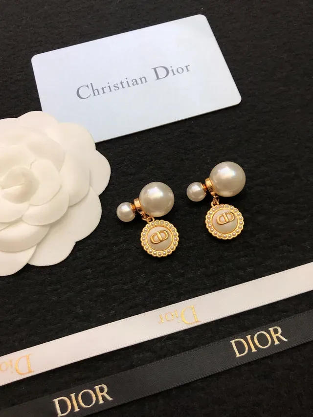 Dior White Gold Double-Pearl Post Enamel Disc Pendant Earrings 3