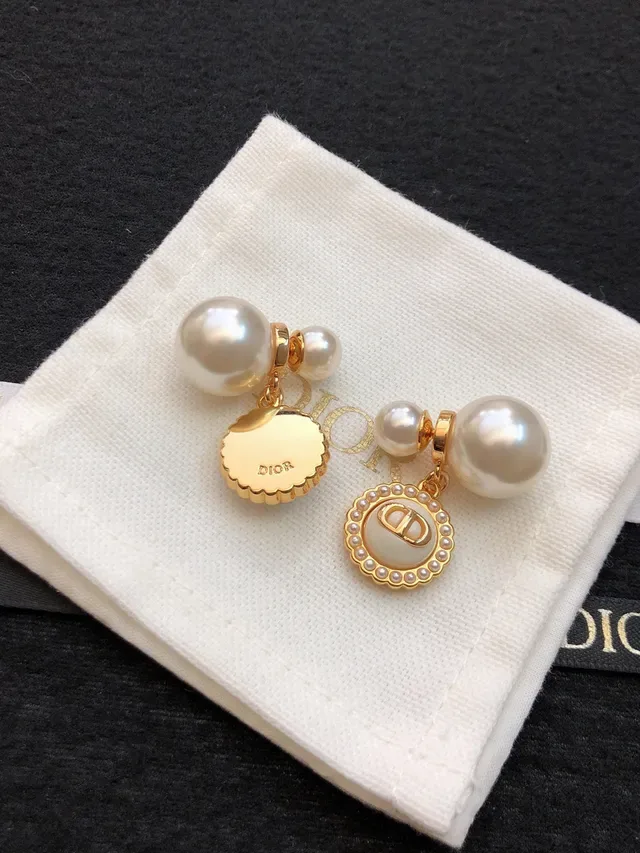 Dior White Gold Double-Pearl Post Enamel Disc Pendant Earrings 4