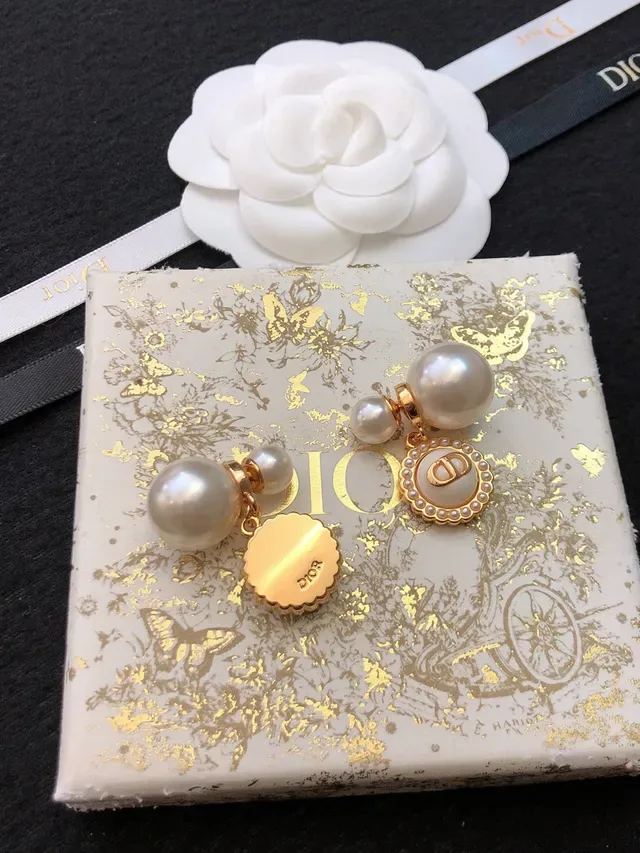 Dior White Gold Double-Pearl Post Enamel Disc Pendant Earrings 5