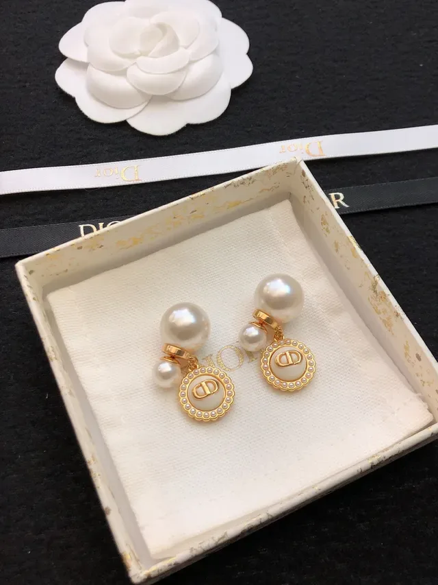 Dior White Gold Double-Pearl Post Enamel Disc Pendant Earrings 6