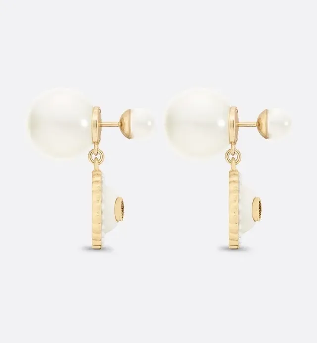 Dior White Gold Double-Pearl Post Enamel Disc Pendant Earrings 7