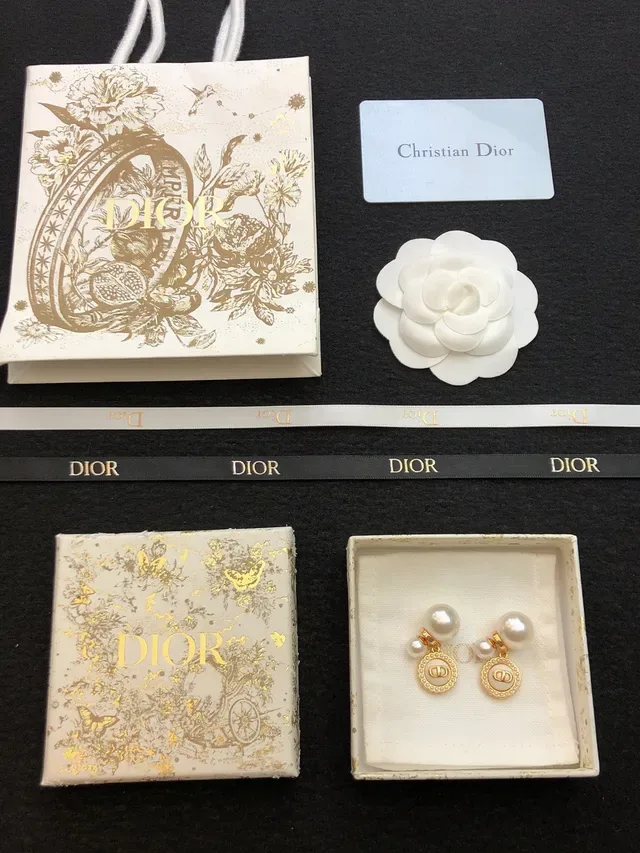 Dior White Gold Double-Pearl Post Enamel Disc Pendant Earrings 8