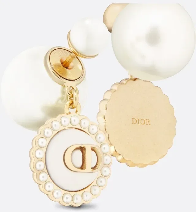 Dior White Gold Double-Pearl Post Enamel Disc Pendant Earrings 9