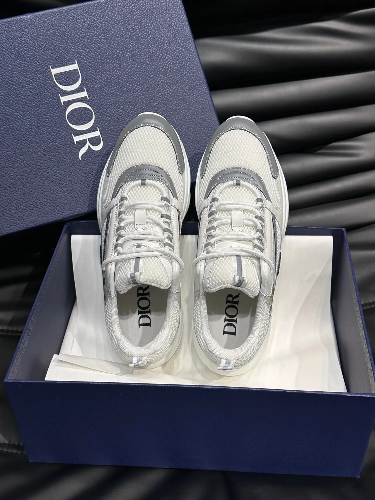 Dior White Gray Sculpted Sole Mesh And Synthetic Overlay Construction Chunky Sneakers 5