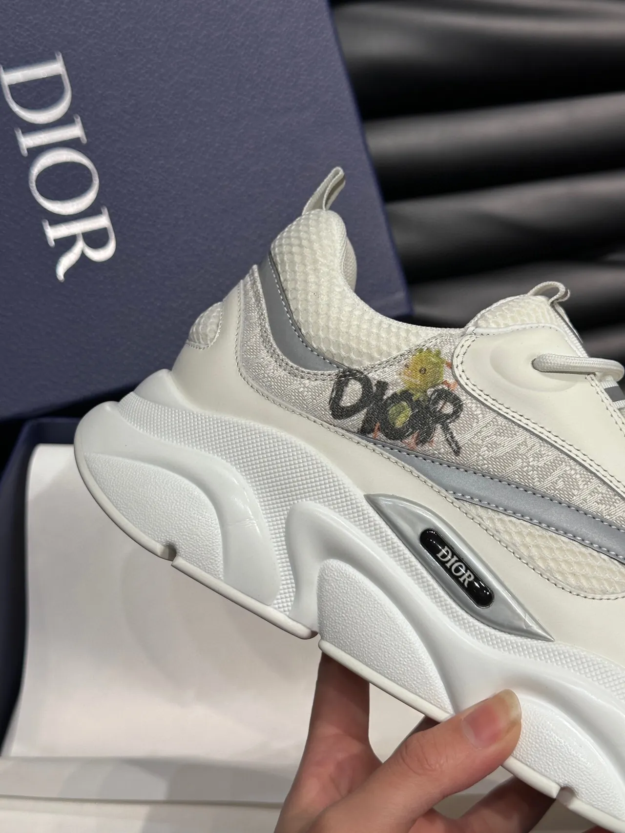 Dior White Gray Sculpted Sole Mesh And Synthetic Overlay Construction Chunky Sneakers 6