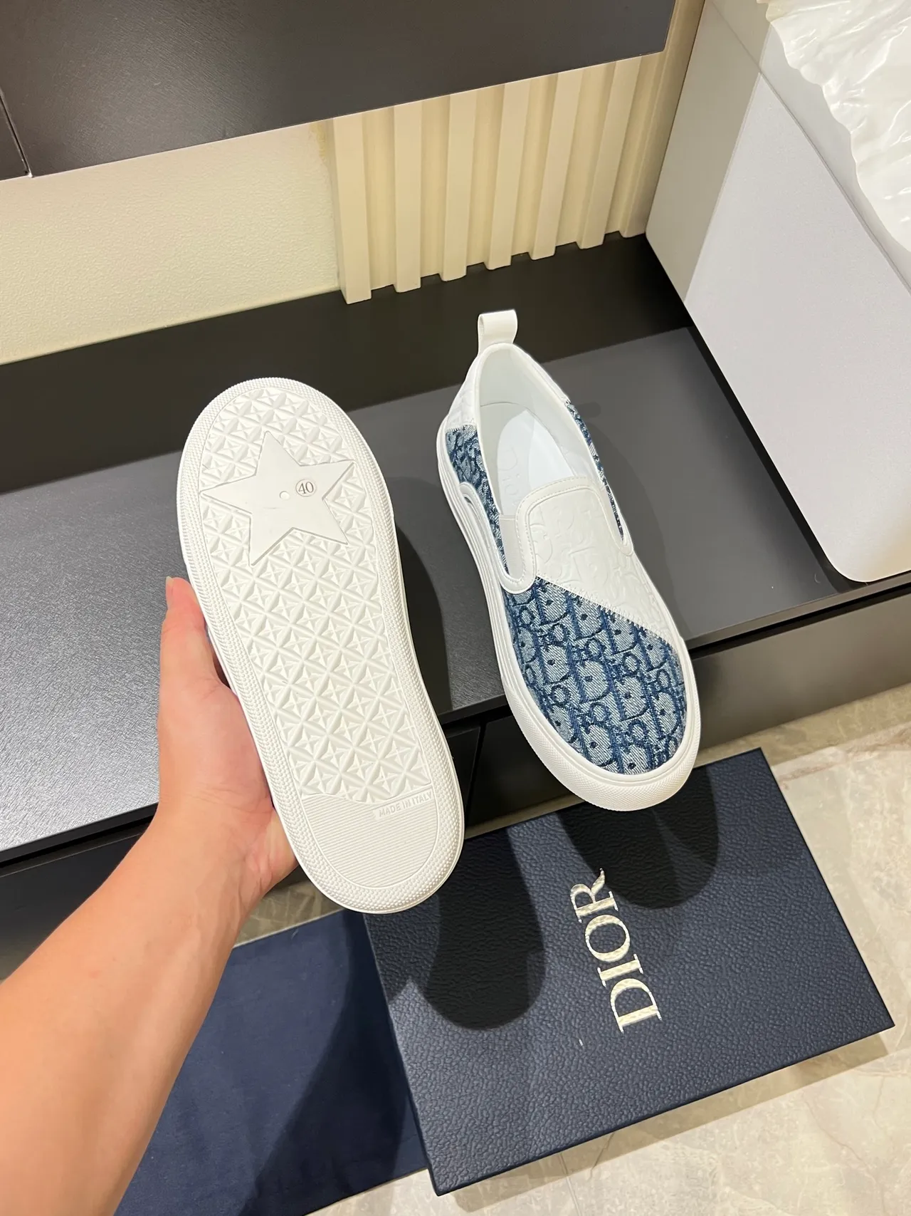 Dior White Navy Slip-On Monogram Jacquard Lifestyle Sneakers 3