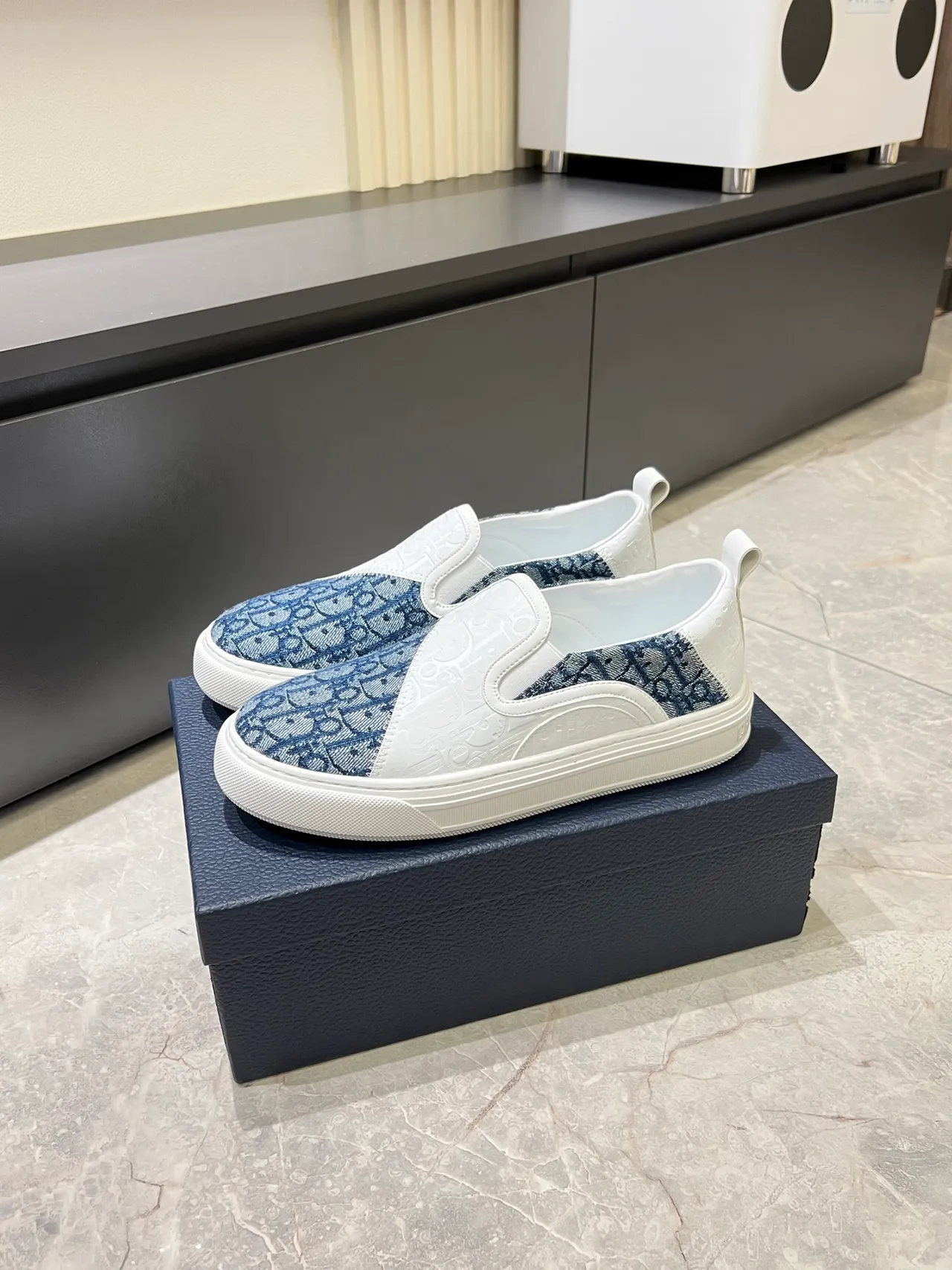 Dior White Navy Slip-On Monogram Jacquard Lifestyle Sneakers 4