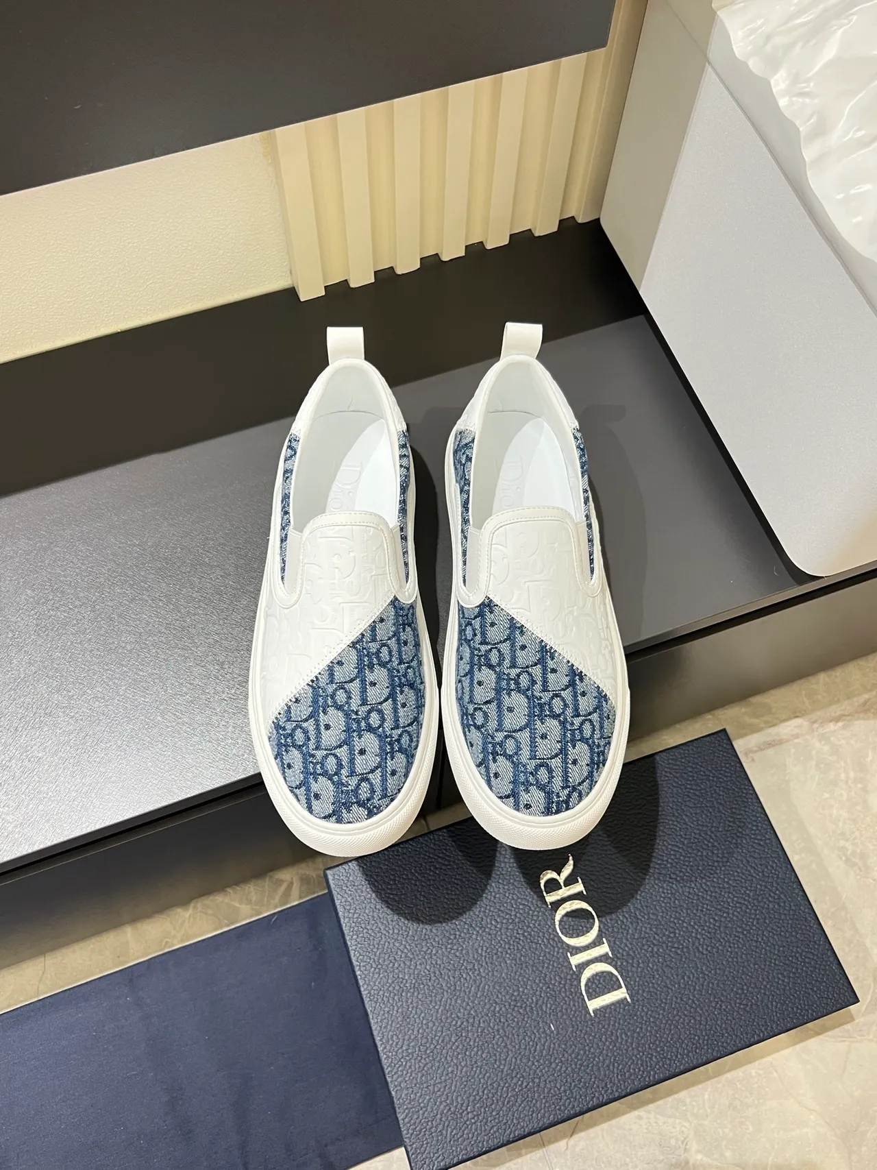 Dior White Navy Slip-On Monogram Jacquard Lifestyle Sneakers 5