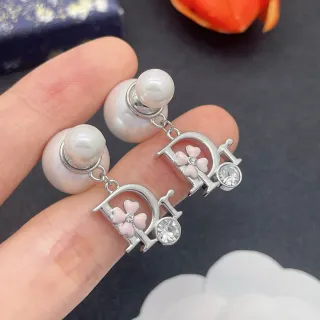 Dior White Pink Pearl Stud CD Monogram Charm Earrings