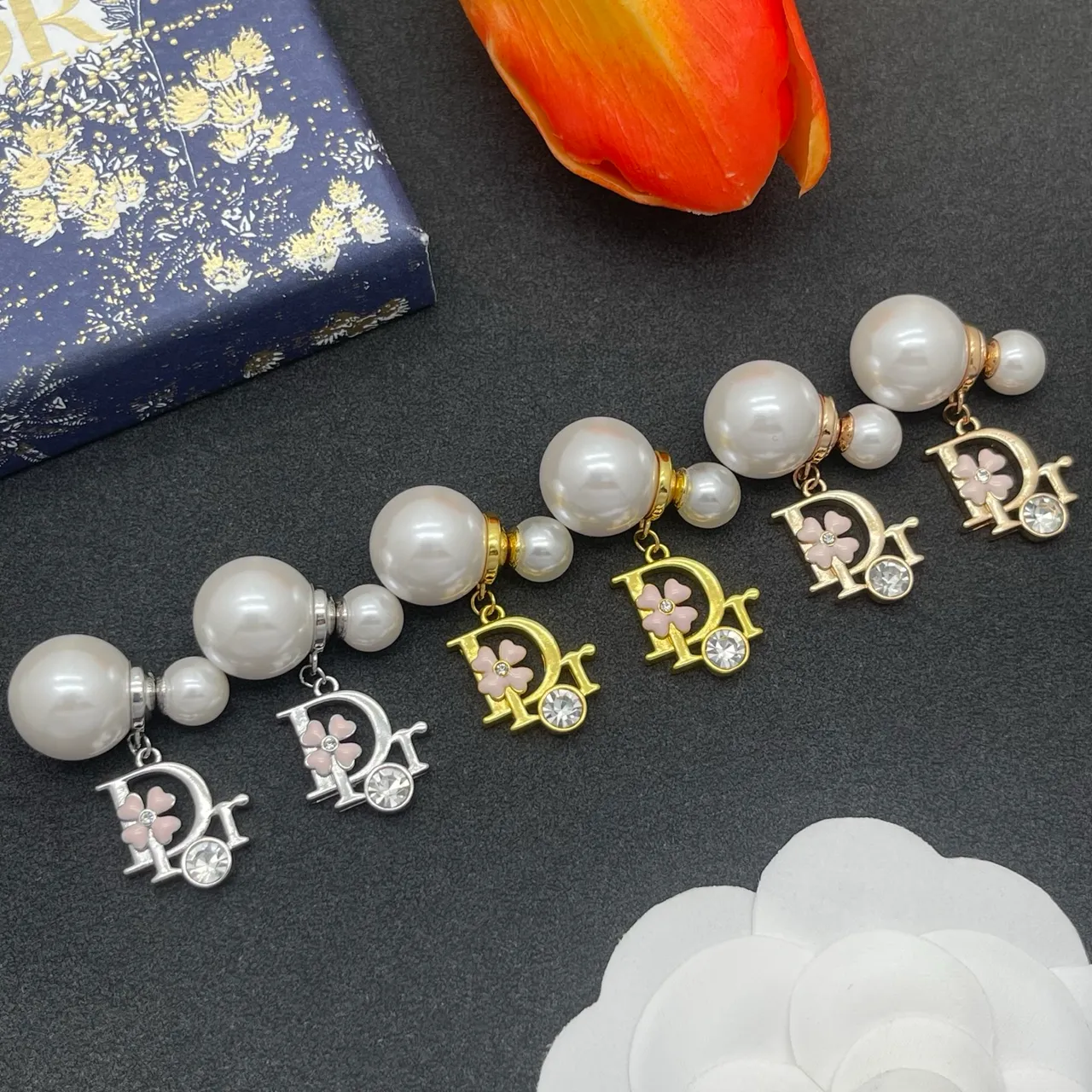 Dior White Pink Pearl Stud CD Monogram Charm Earrings 2