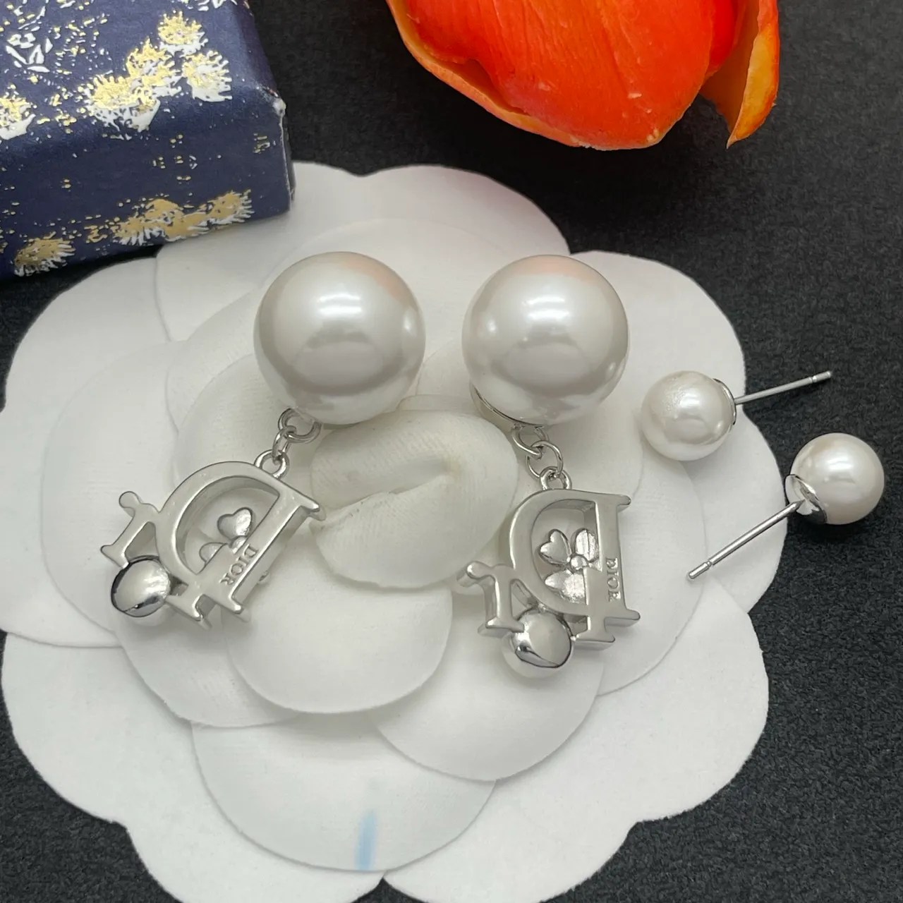 Dior White Pink Pearl Stud CD Monogram Charm Earrings 3