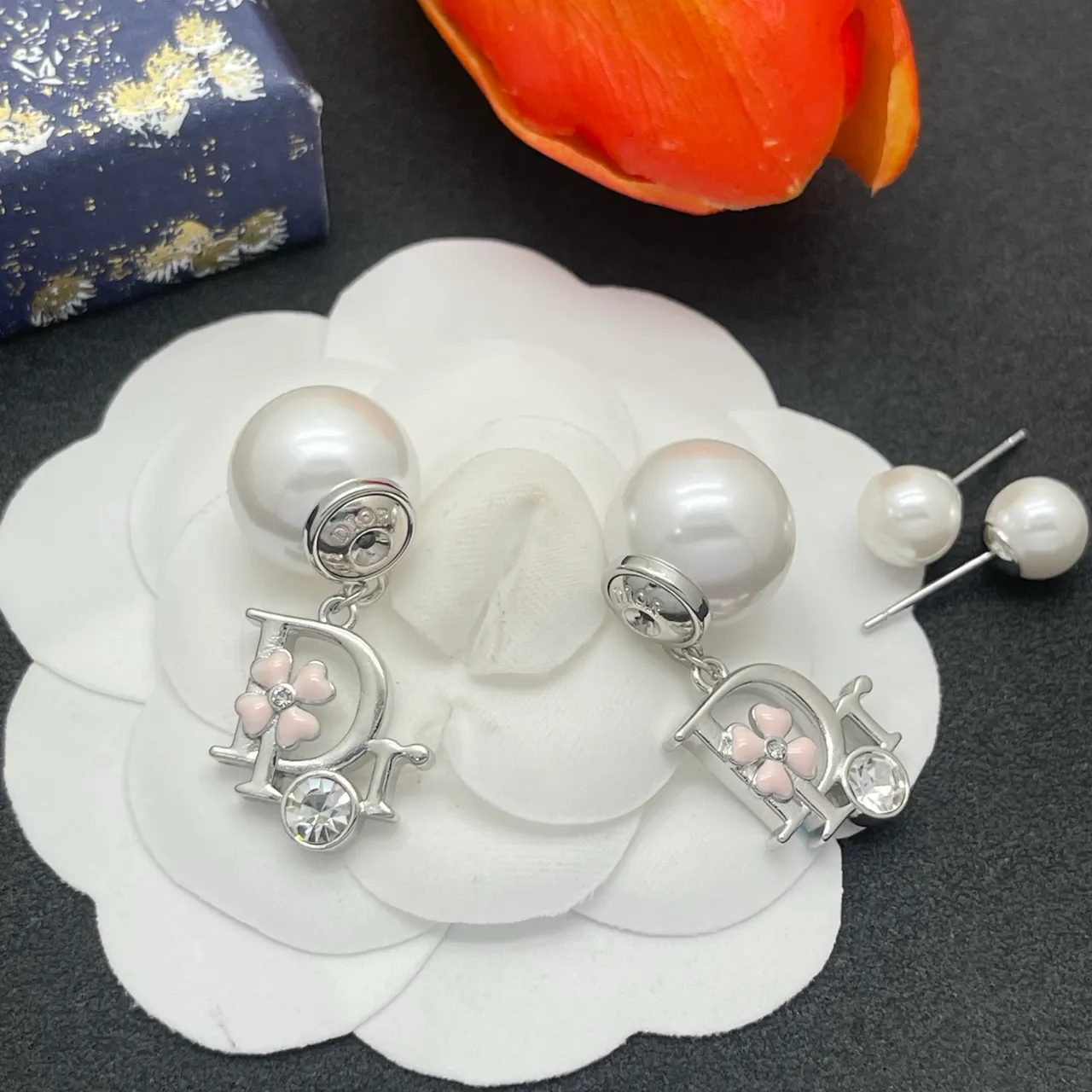 Dior White Pink Pearl Stud CD Monogram Charm Earrings 5