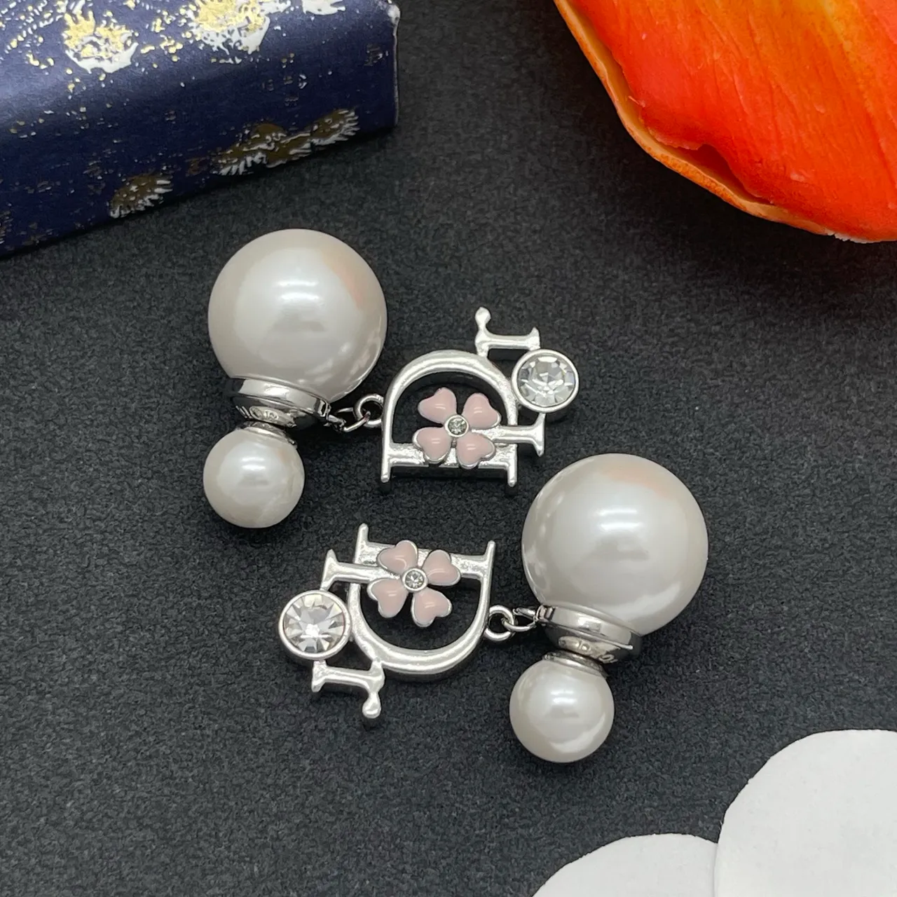 Dior White Pink Pearl Stud CD Monogram Charm Earrings 6