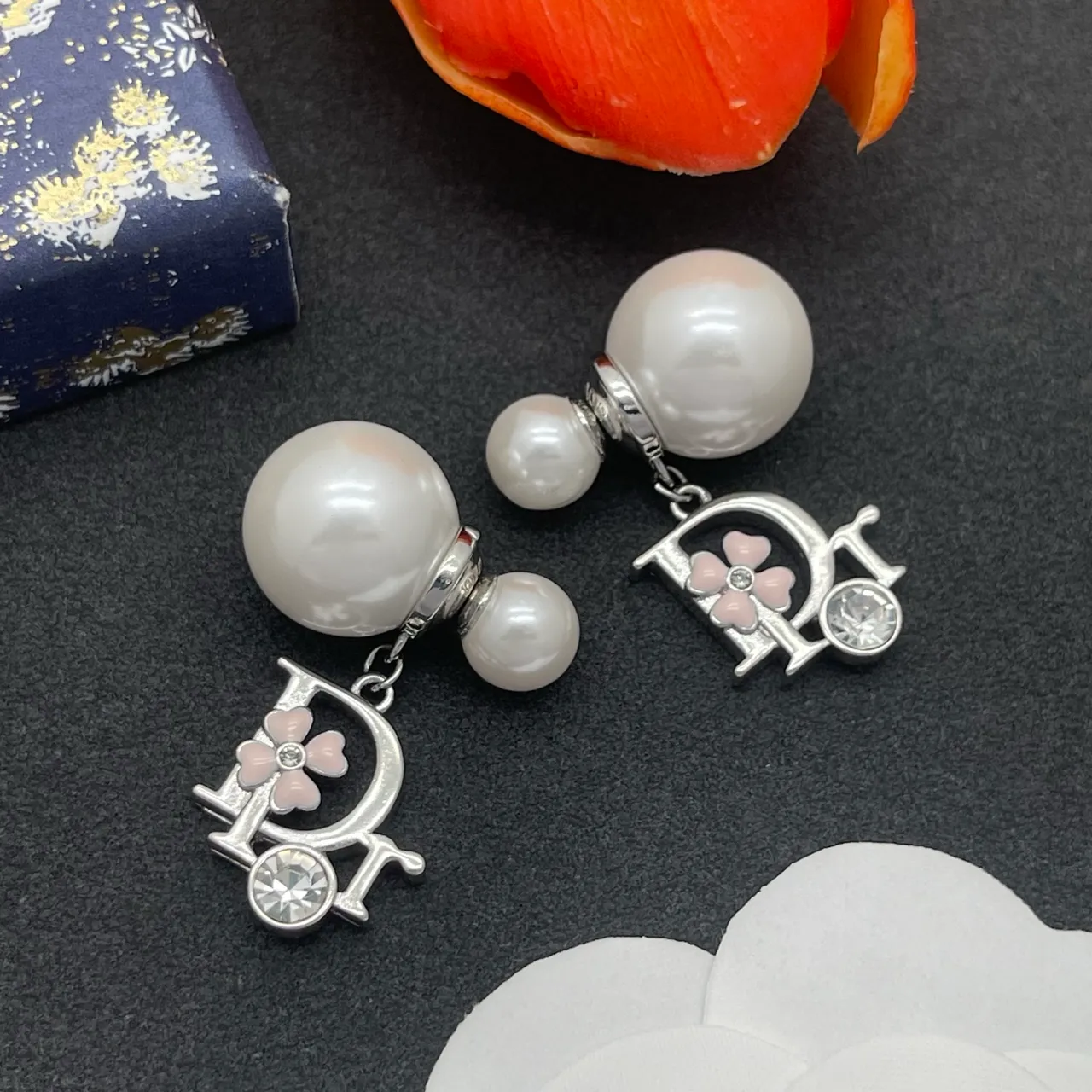 Dior White Pink Pearl Stud CD Monogram Charm Earrings 7