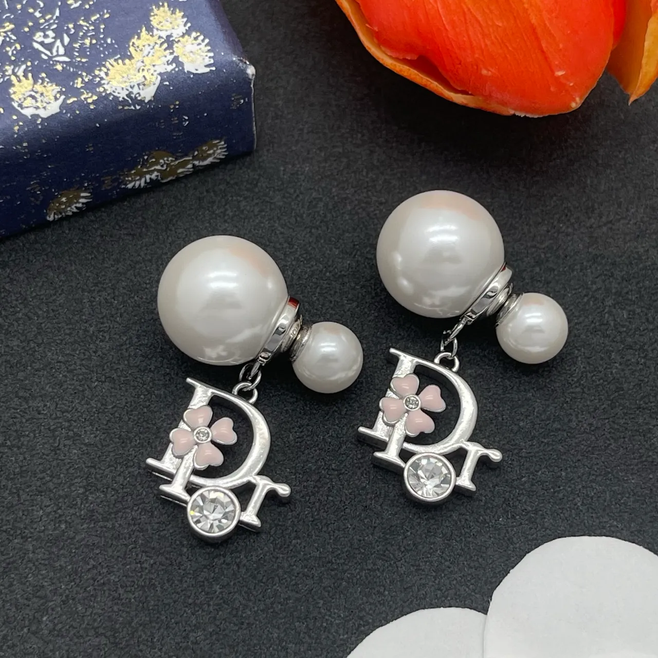 Dior White Pink Pearl Stud CD Monogram Charm Earrings 8