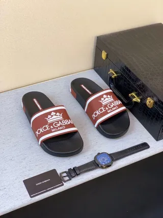 Dolce & Gabbana Preto Borgonha Larga Marca Faixa Logo Coroa Pantufas 5