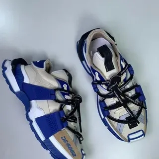 Dolce & Gabbana Blue Beige Multi-Strap Cage Sculpted Sole Chunky Sneakers
