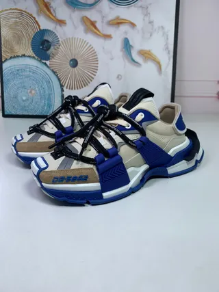 Dolce & Gabbana Blue Beige Multi-Strap Cage Sculpted Sole Chunky Sneakers 3