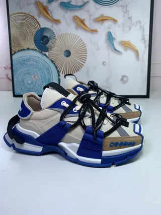 Dolce & Gabbana Blue Beige Multi-Strap Cage Sculpted Sole Chunky Sneakers 7