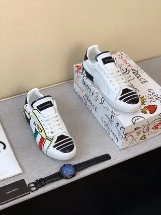 Dolce & Gabbana Portofino طباعة جرافيكية أبيض متعدد الألوان أحذية نمط حياة 9