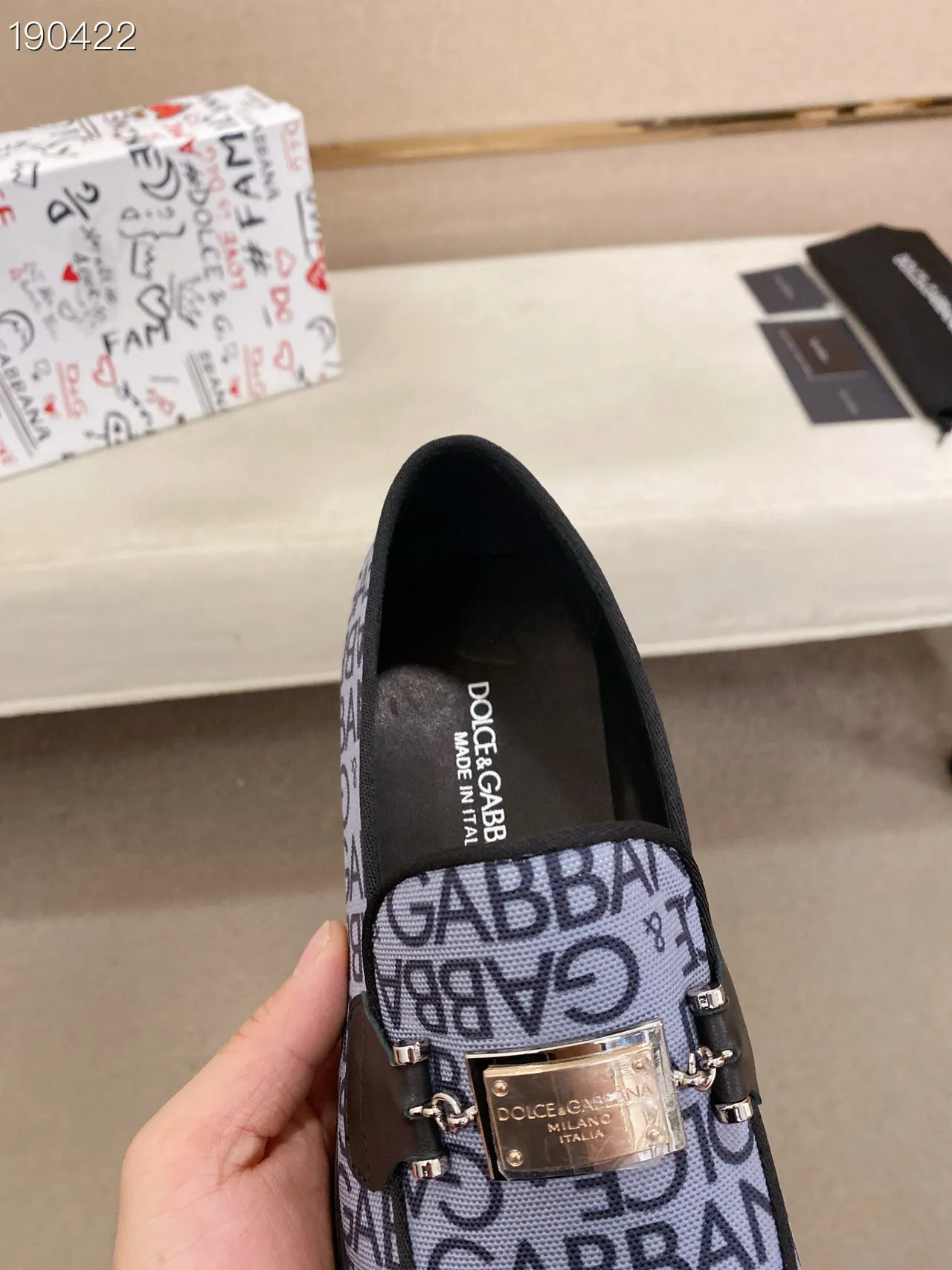 Dolce & Gabbana Portofino Mocassin Gris Noir Monogrammé en Toile avec Détail de Frange 6