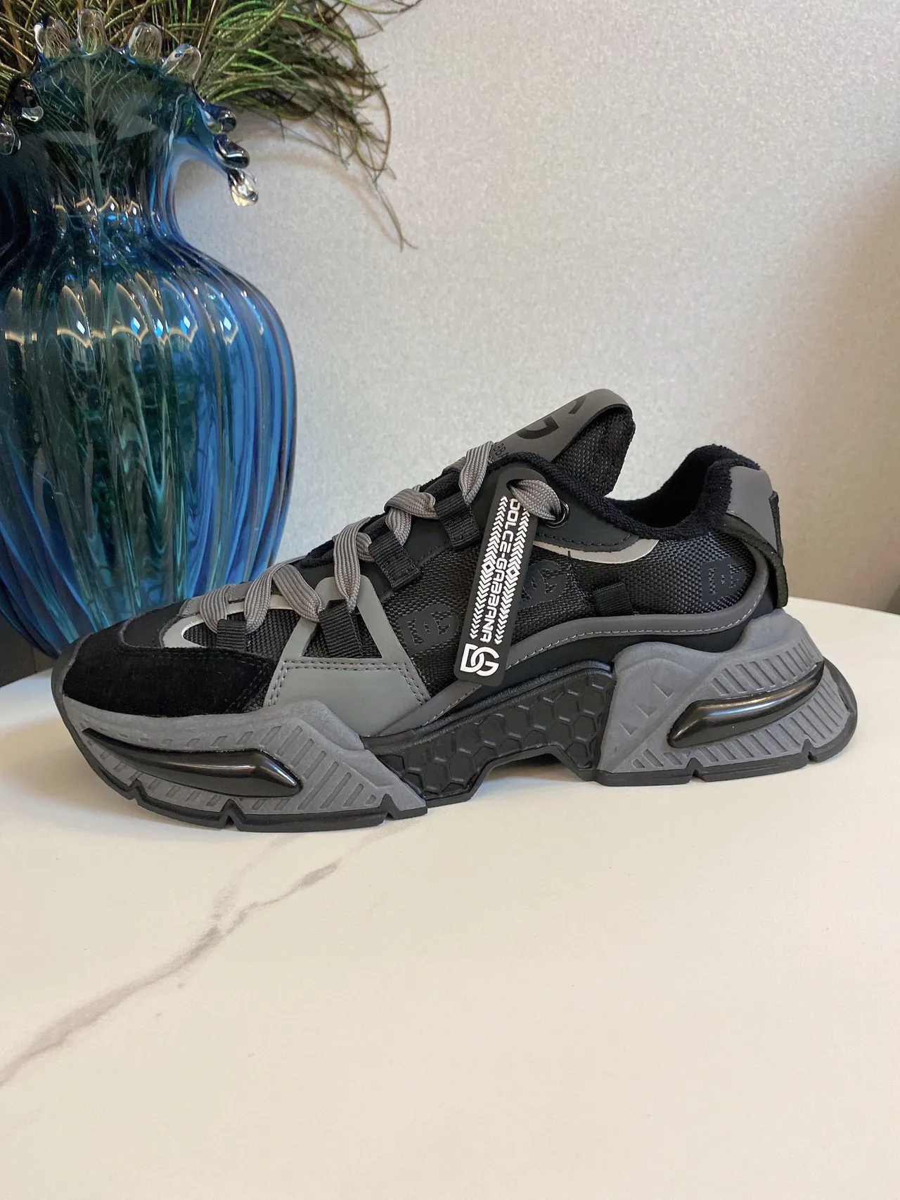 Dolce & Gabbana Semelle Noire Gris En Couches Maille Et Daim Supérieur Sneakers Chunky 5