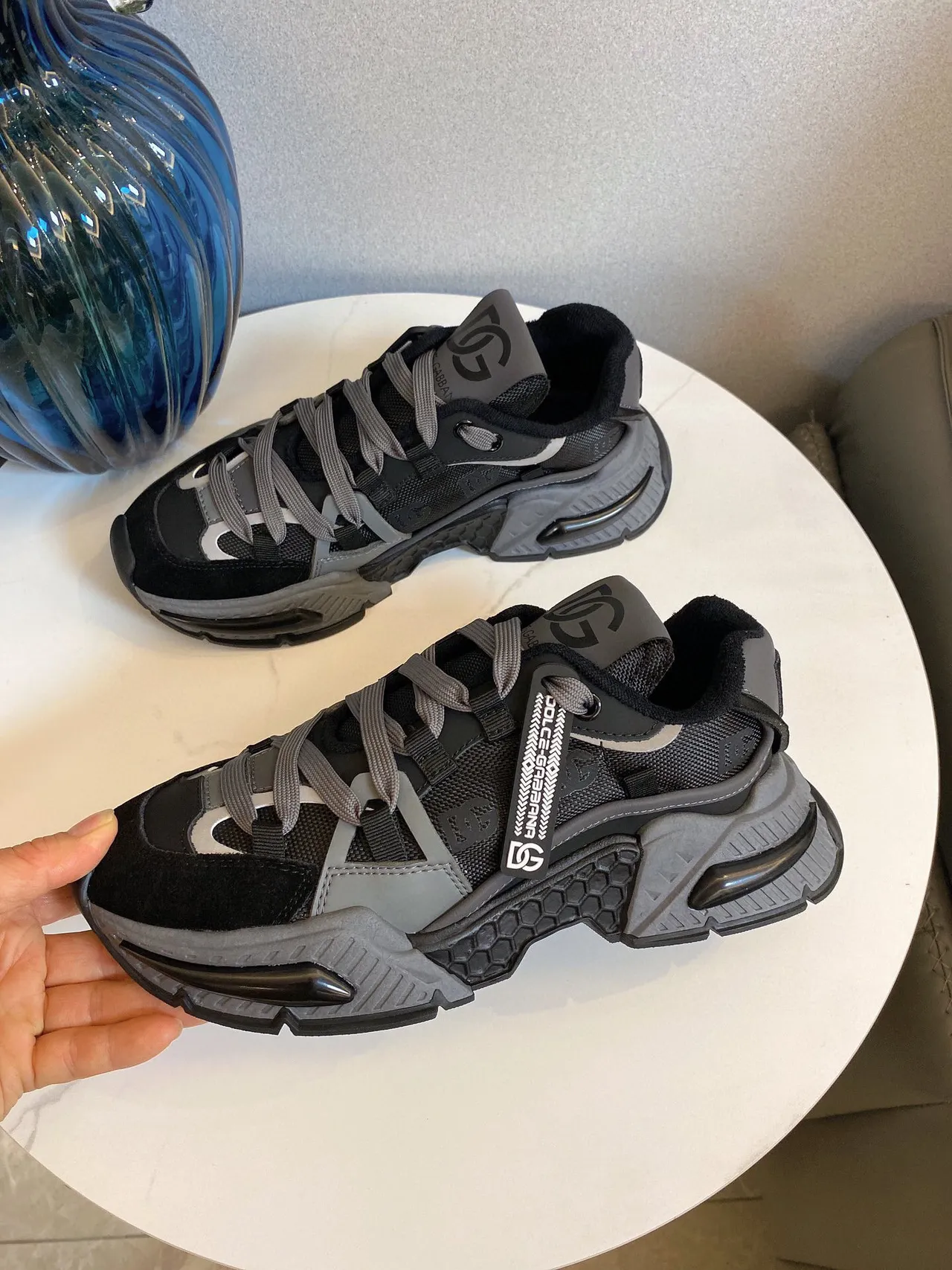Dolce & Gabbana Semelle Noire Gris En Couches Maille Et Daim Supérieur Sneakers Chunky 8