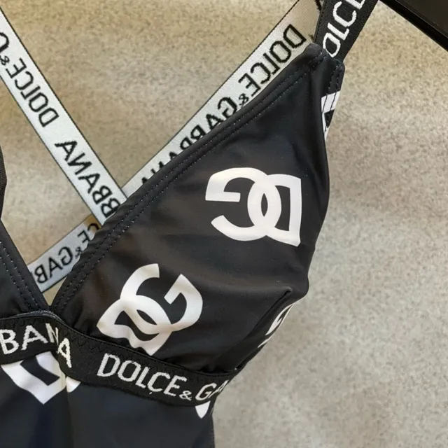 Dolce & Gabbana Monogram-Print Swimsuit Black White V-Neck Swimwear 6