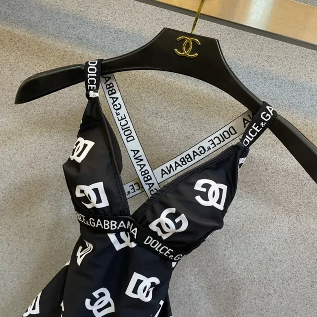 Dolce & Gabbana Monogram-Print Swimsuit Black White V-Neck Swimwear 7