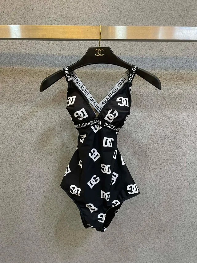 Dolce & Gabbana Monogram-Print Swimsuit Black White V-Neck Swimwear 8