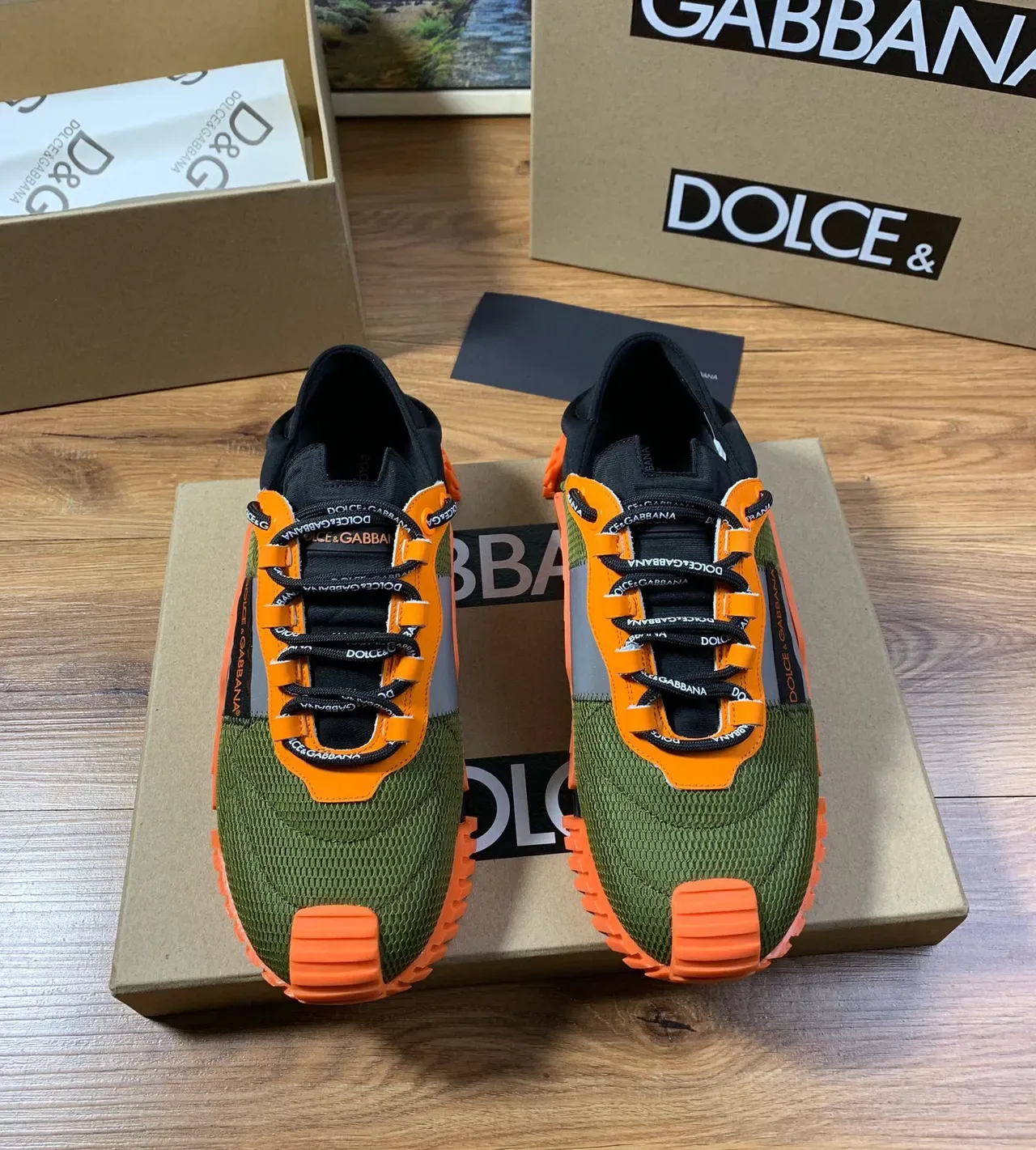 Dolce & Gabbana Olive Green and Orange Mesh Lifestyle Sneakers 2